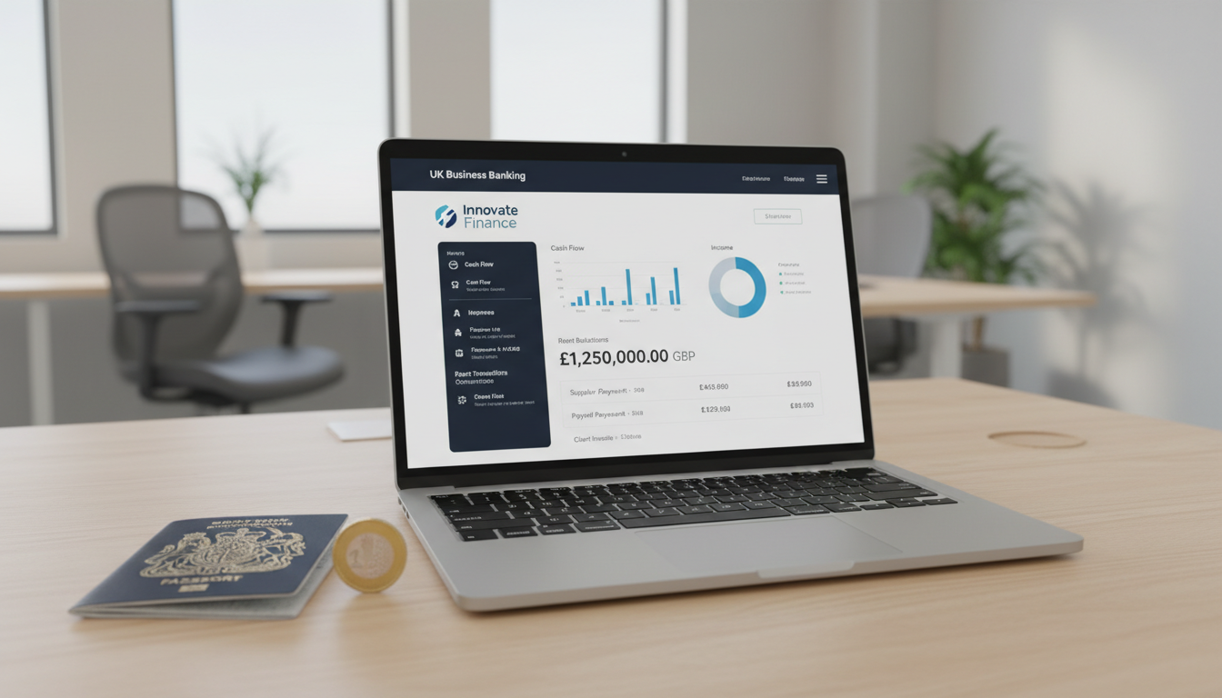 A professional laptop on a modern office desk showing a UK business banking application dashboard, with a passport and a British pound coin nearby, soft daylight.