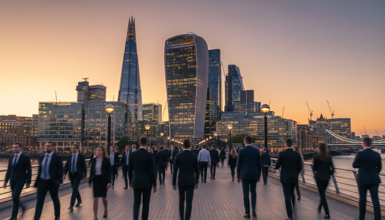 A wide-angle professional shot of the City of London financial district at sunset, showing the Gherkin and the Shard skyscrapers with a blurred motion of professionals walking in the foreground, symbolizing dynamic economic activity and investment.