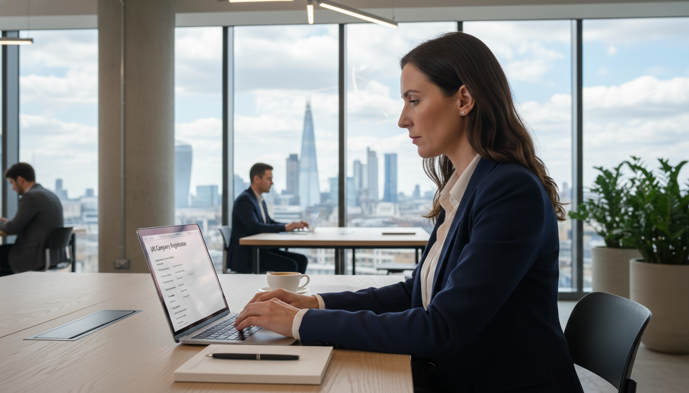 A professional entrepreneur sitting in a bright, modern London co-working space with a view of the City skyline, working on a laptop with a digital 'UK Company Registration' form visible on the screen, high quality, realistic style.