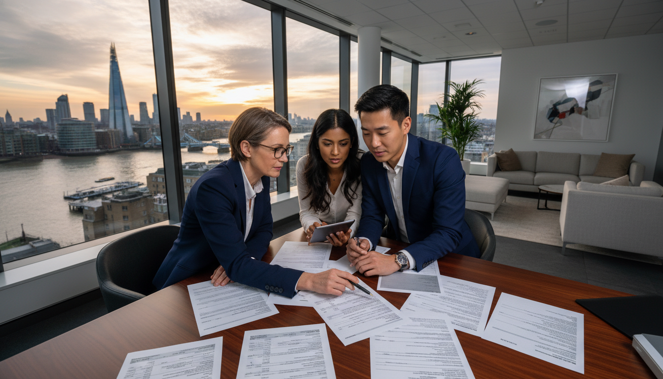 A professional accountant explaining complex tax documents to a diverse expat couple in a modern London office overlooking the Thames River at sunset, high quality, photorealistic.