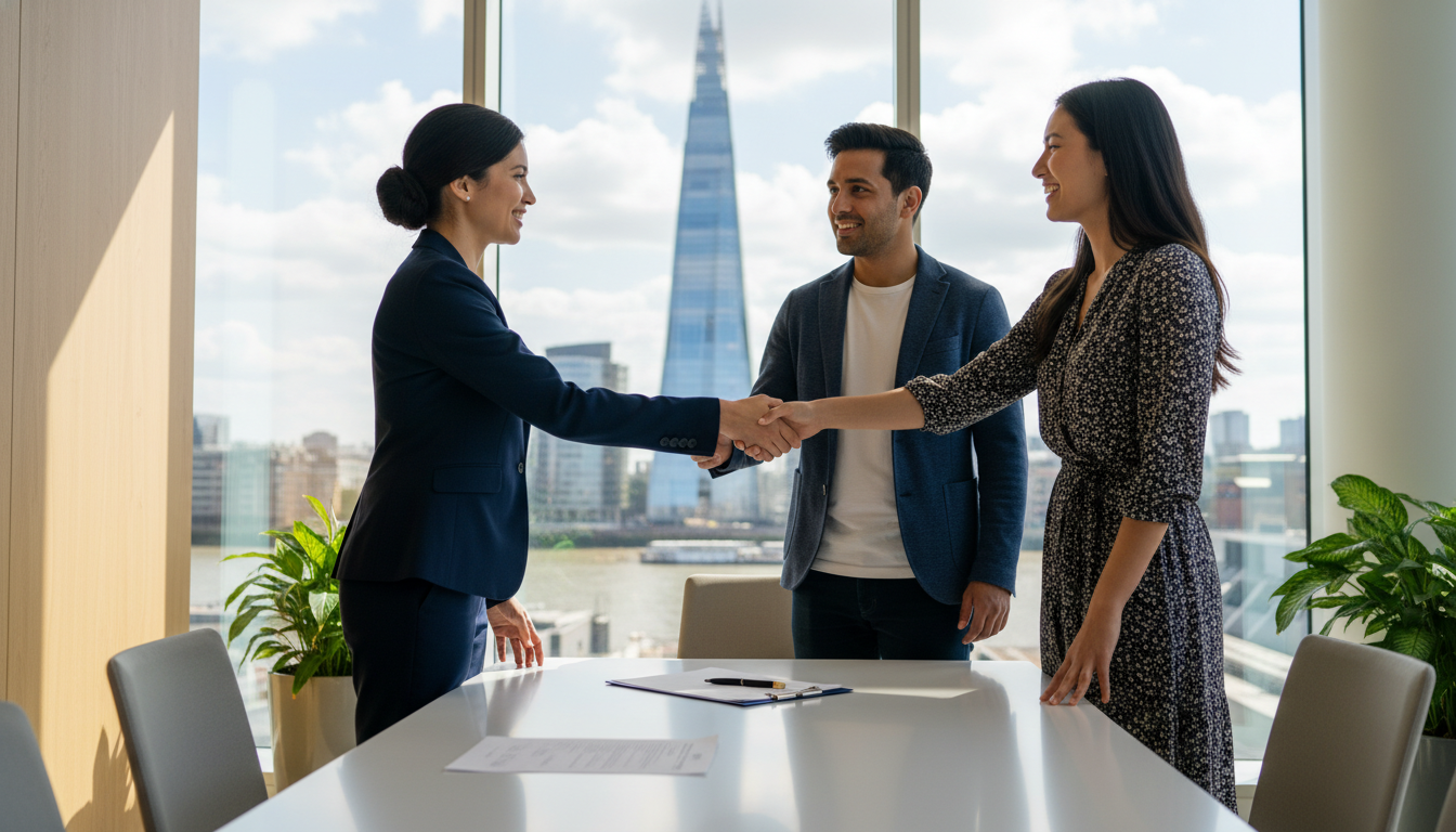 A professional legal consultant in a bright, modern London office shaking hands with an expat couple, with the Shard or Big Ben visible through a window in the background, professional photography style, high resolution