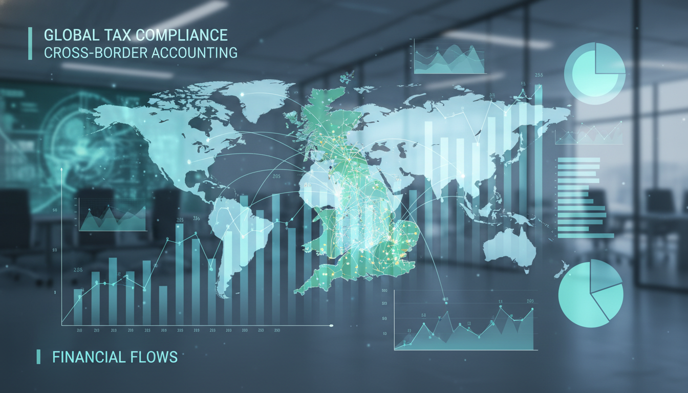 A professional digital visualization of financial charts overlapping a map of the United Kingdom and international flight paths, representing global tax compliance and cross-border accounting, 4k resolution, clean corporate aesthetic.