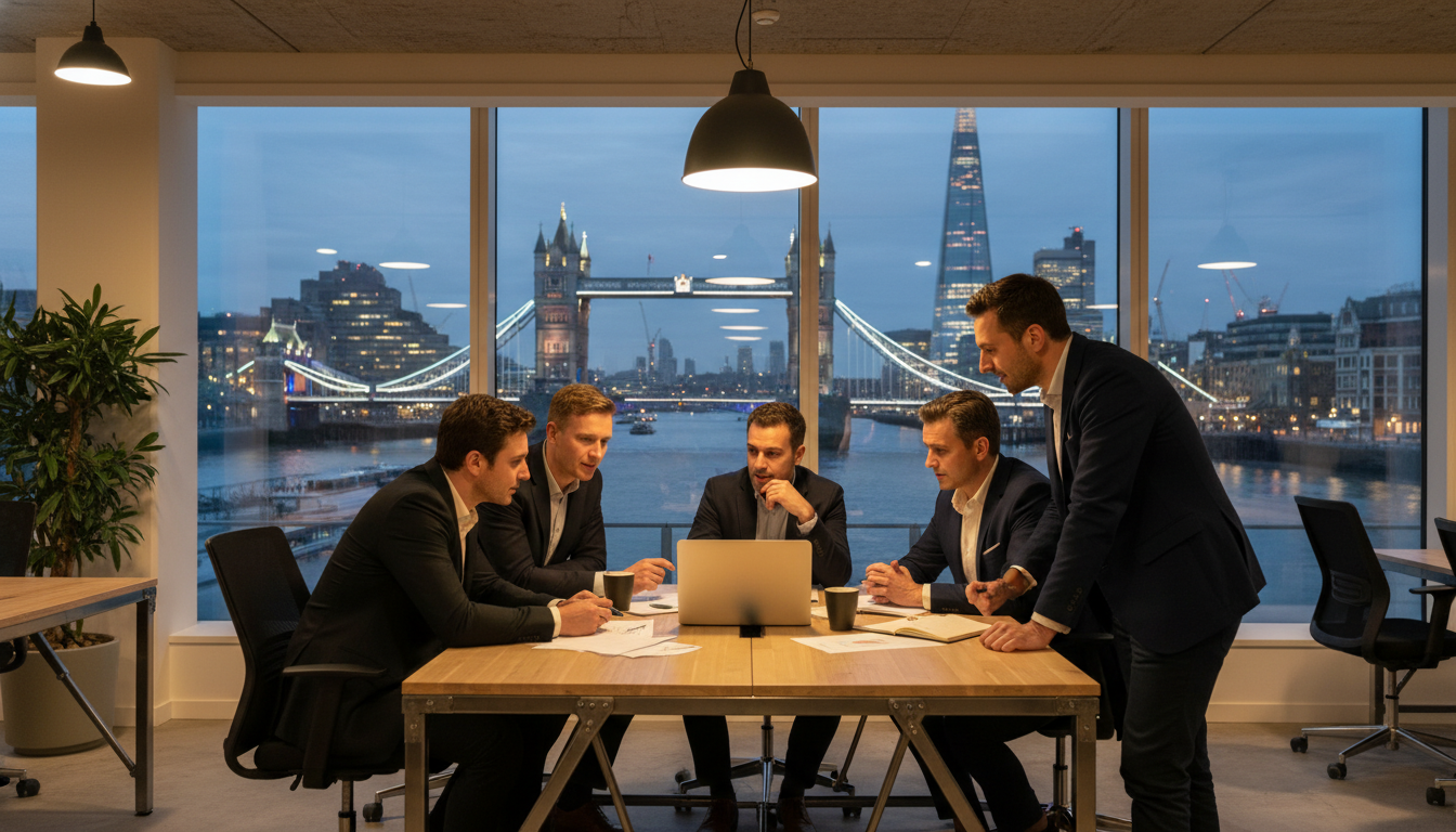 A diverse group of professional expats in a modern London co-working space, looking at a laptop and discussing business strategies with the London Bridge and the Shard visible through a large window in the background, cinematic lighting, 8k resolution.