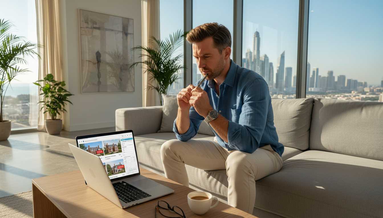 A professional-looking British expat sitting in a sunlit modern apartment in a global city like Dubai or Singapore, looking at a laptop screen displaying UK real estate listings and a mortgage calculator, high-quality photography style.