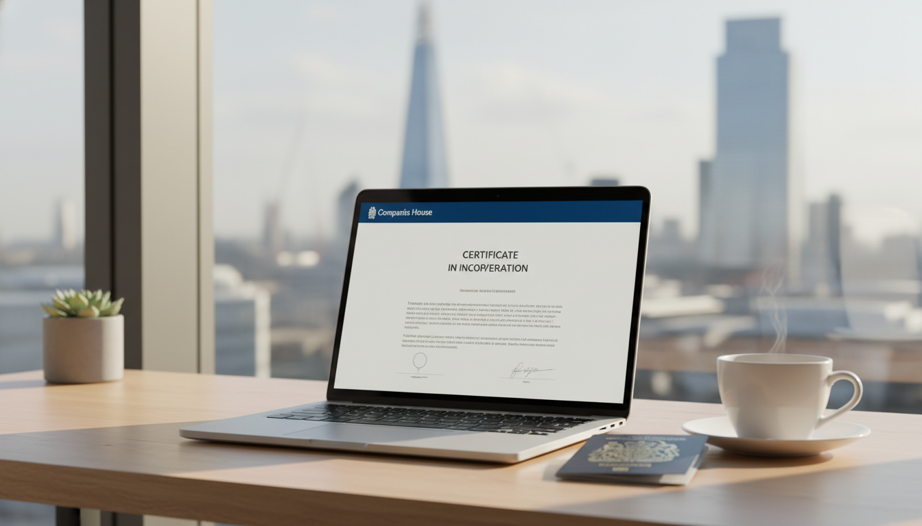 A professional and clean workspace featuring a sleek laptop displaying a 'Certificate of Incorporation' from Companies House, next to a British passport and a cup of tea, set against a blurred London skyline in the background, high quality, photorealistic style.